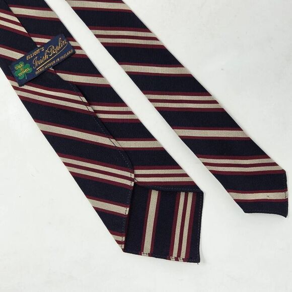 ELLIOTT'S IRISH POPLIN WOOL SILK TIE IRELAND BLUE TAN REPP STRIPE 3.25" X 51" - Picture 3 of 4